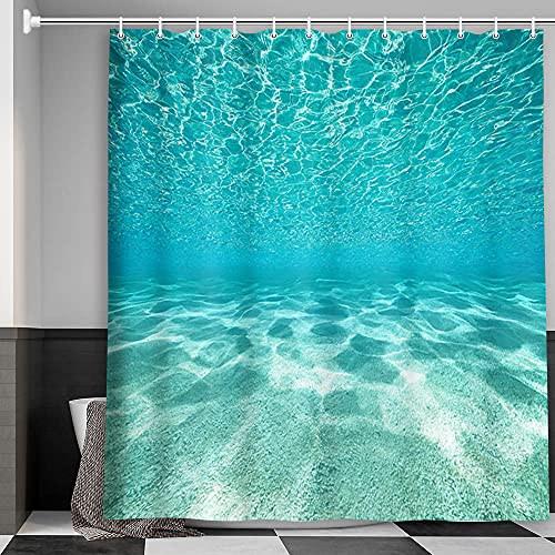 MERCHR Cute Teal Blue Ocean Shower Curtain, Nature Underwater Sea World Sand Beach Bathroom Curtains Waterproof Fabric, 71 x 71 Inches - color: Teal, size: 71"W x 71"L (Pack of 1)