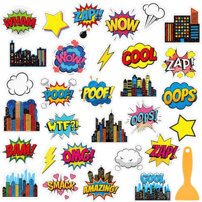 Fullhawl 30 Pcs Hero Non Slip Bathtub Stickers, Comic Style with Scraper | Textured PEVA Grip Decals, Bold Hero Comic Art, for Smooth Tubs and Showers, Application Scraper Included - style: Comic Pop
