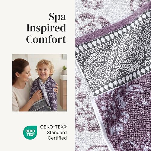 Modern Threads 6 Piece Bath Towel Set – Bathroom Set with 2 Bath Towels, 2 Hand Towels, and 2 Wash Cloths – 100% Cotton, Super Absorbent & Extra Soft – Reversible Floral Trail (Purple) - color: Purple
