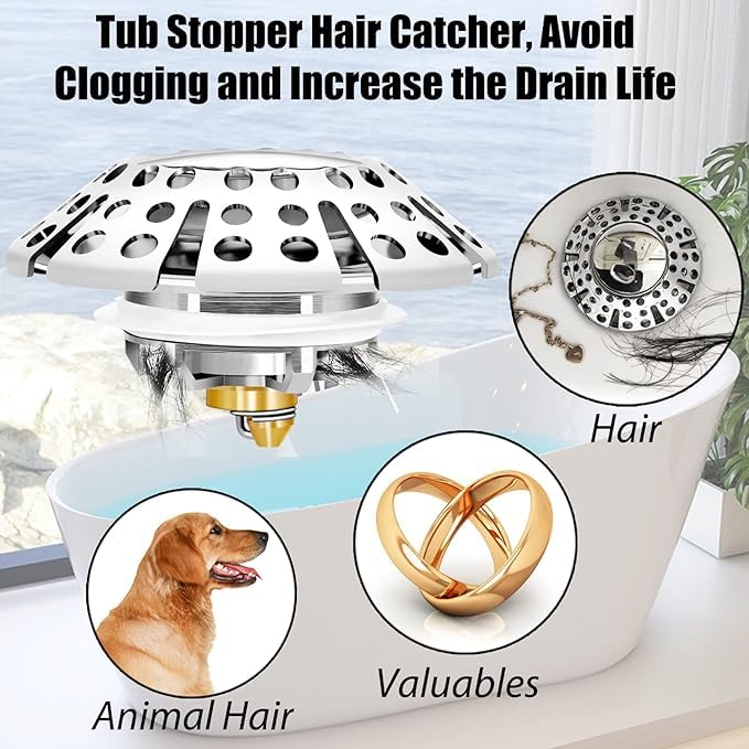 Anlige Bathtub Drain Stopper, Pop Up Tub Stopper with Hair Catcher, Bathtub Plug and Cover with Strainer, Universal for 1.5 to 1.8in Tub Drain - style: Tub Stopper Top Hair Catcher