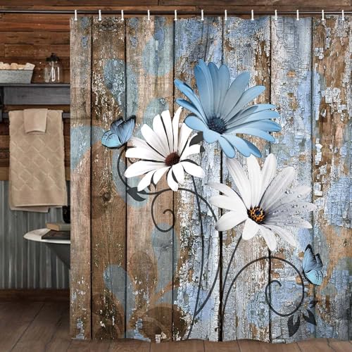 JAWO Farmhouse Flower Floral Shower Curtain, Rustic Blue Daisy Shower Curtain Set, Country Blue Wild Garden Plant Fabric Shower Curtain with Hooks, Brown Wooden Board Bathroom Curtain, 60x70inch - color: Daisy-blue, size: 60"W x 70"L (Pack of 1)