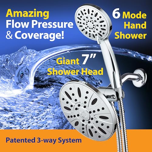AquaDance 7" Premium High Pressure 3-Way Rainfall Combo Combines The Best of Both Worlds-Enjoy Luxurious Rain Showerhead and 6-Setting Hand Held Shower Separately or Together, Chrome | Enjoy Luxury 7-inch Showerhead & 6-mode Hand Shower Separately or Toge