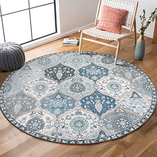 Lahome Moroccan Washable Round Rugs, Soft Vintage Round Rug 4ft Ultra-Thin | Entryway Non-Slip Small Distressed Circle Carpet for Dining Room Bedroom Bathroom Nursery Elise, Blue - color: Dusty Blue Grey, size: 4' (Round)