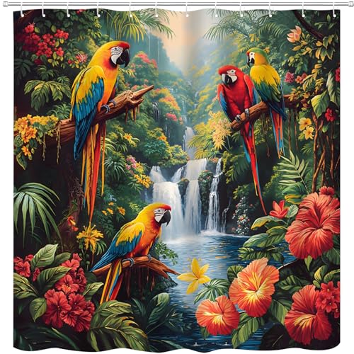 Jungle Parrot Shower Curtain, Tropical Bird Rainforest Forest, 70 x 70 Inch | Waterfall Exotic Floral Birds, Green Leaves Nature Plant Flower, Bathroom Curtains Polyester Fabric Bathtub Decor with Hooks - size: 70"W x 70"L (Pack of 1)