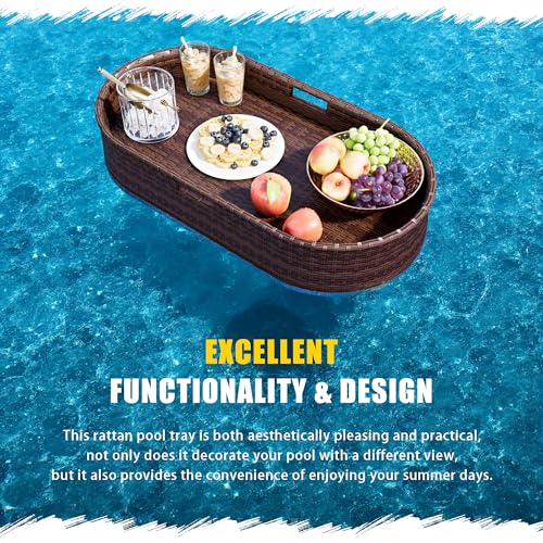 Devoko Pool Floating Tray 38”x20” Wicker Swimming Pool Drink Holders, Brown | Large Oval Portable Serving Tray with Handles Wicker Swimming Pool Bar Accessories Floating Table for Adults, Spas, Parties - color: Brown
