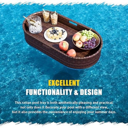 Devoko Pool Floating Tray 38”x20” Wicker Swimming Pool Drink Holders, Brown | Large Oval Portable Serving Tray with Handles Wicker Swimming Pool Bar Accessories Floating Table for Adults, Spas, Parties - color: Brown