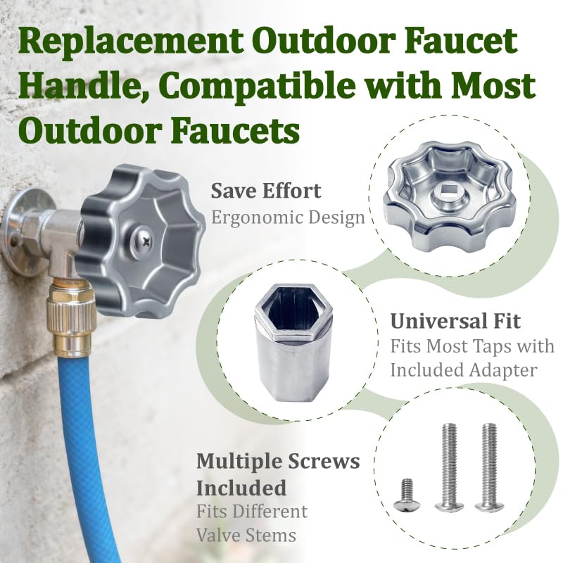 Outdoor Faucet Handle Replacement,Compatible with Outdoor Faucets | Adapter Fits 8 or 12-Point Broaches,Compatible with 3/8" Square Stems,Rust-Resistant Metal,Screws Included