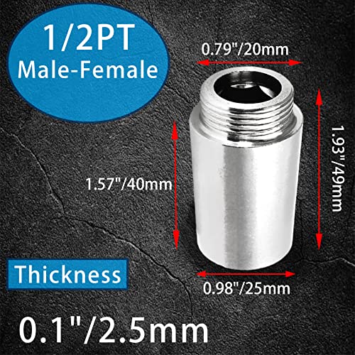 2pcs Shower Head Extension Arm Adapters | 1/2PT Male to 1/2PT Female Thread, 40mm/1-9/16 Inch Length, Stainless Steel, Cast Pipe Fitting Coupler - size: 40 mm