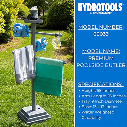 SWIMLINE HYDROTOOLS 89033 Premium Free Standing Poolside Valet Towel Rack Adjustable With Water Weighted Base Three Arms Secure Clips For Outdoors & Indoors Pool Patio Poolside Holder Drying Stand - color: Premium Rack (Gray)