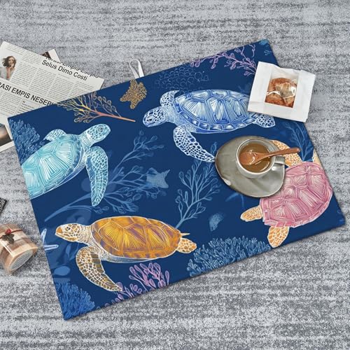 Turtle Dish Drying Mats for Kitchen Counter Absorbent Reversible Drying Mats Microfiber Kitchen Countertop Protector Dishes Drying Pad Extra Large “18 x 24" Dish Mat - color: Dark Blue-Turtle
