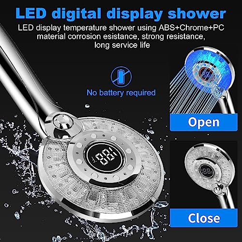 LED Shower Head Color Changing, Shower Head High Pressure with Hose | Water Saving Spray Showerheads, Discoloration Warning, Water Temperature Display, 3 Spray Modes, Easy to Install, ‎Chrome