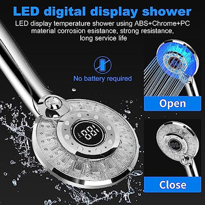 LED Shower Head Color Changing, Shower Head High Pressure with Hose | Water Saving Spray Showerheads, Discoloration Warning, Water Temperature Display, 3 Spray Modes, Easy to Install, ‎Chrome