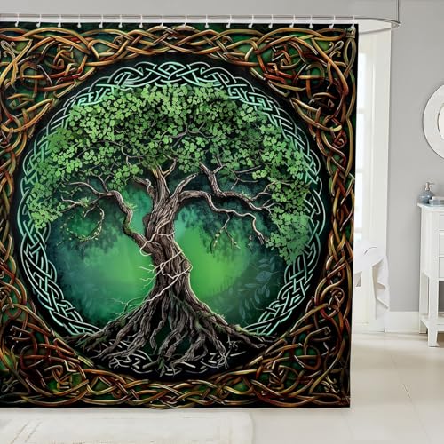 Tree Abstract of Life Kids Shower Curtains,Plant Botanical Trippy Gothic Bathroom Curtains for Girls Boys,Boho Tribal Ethnic Green Golden Retro Waterproof Curtain,12 Hooks Suits,72" W x 78" L - color: Color 02, size: 72"Wx78" L