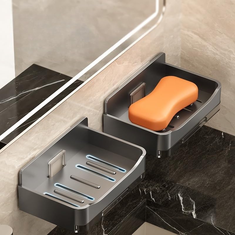 Black Wall Mounted Soap Dish for Shower No Punching Soap Box with Drain Tray and 2 Hooks Bathroom Soap Rack with Hook Double Drain Soap Dish
