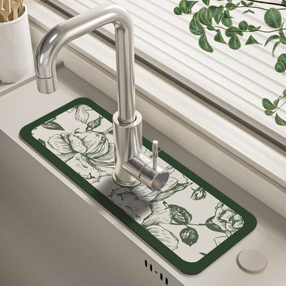 14.96"×5.43" Diatomite Sink Faucet Absorbing Mat, Reusable Drying Mat Splash Guard for Kitchen Bathroom Counter, Sink Drip Catcher & Organizer - style: Flower-3