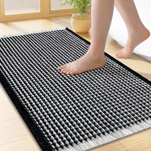 Smiry Waffle Bath Mat 24X16, Soft Absorbent Bathroom Rugs, Black & Cream | Non Slip Machine Washable Quick Dry Bath Rugs for Bathroom Floor, Tub, Shower, Home Decor Accessories - color: Black & Cream, size: 24'' X 16''