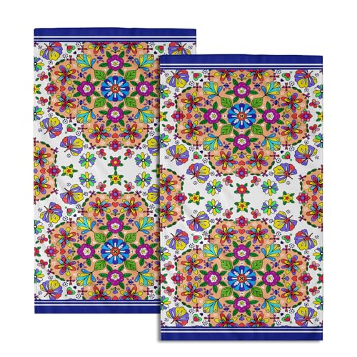 Giwawa Mexican Floral Decorative Kitchen Towels - Blue Absorbent Microfiber Towel Set 28.3 X 14.4 in 2pc - color: Mexican Floral, size: 28.3" x 14.4"(Pack of 2)
