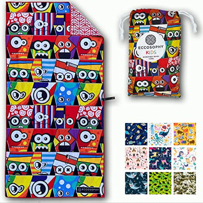 Microfiber Kids Toddler Beach Towel, Quick Dry, Sand Free, 60x30 | Pool towel, ultra-soft, girls and boys, travel pouch, camping travel vacation, toallas playas - color: Monsters