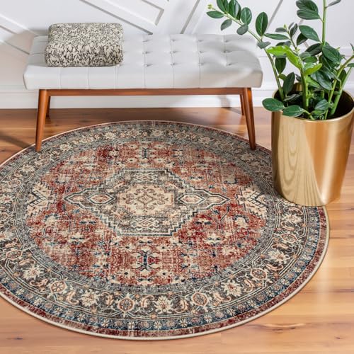 Lahome Oriental Washable Circle Rugs, Non-Slip Round Rug 4ft Ultra-Thin | Vintage Soft Small Circle Carpet for Entryway Kitchen Bedroom Nursery Bathroom Eleanor Brick, Red - color: Brick Red, size: 4'(Round)