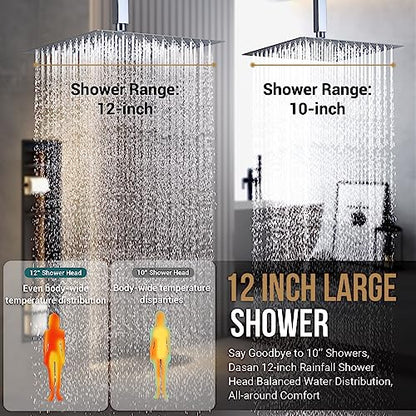 Polished Chrome Shower System with 4 PCS Shower Body Spray Jets & 12’’ Ceiling Shower Head & Handheld Spray, DASAN Full Body Shower Faucet System with Jets Rainfall Shower Combo Set, SA-SS03BCH-S12C - color: Chrome