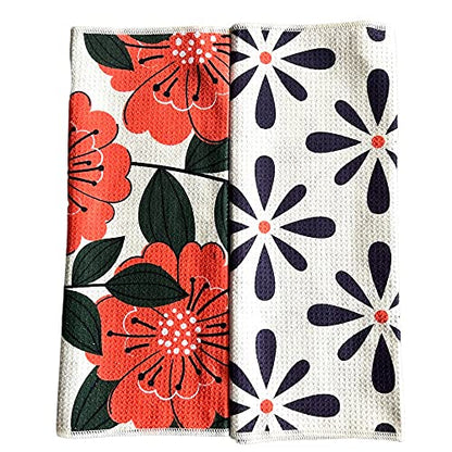 Kitchen Towels, Dish Towels for Kitchen, 2 Pc Kitchen Towel Set | Microfiber Waffle Towels, 16 x 26 inches, with Hanging Loops, Reusable Tea Towels, Cute Kitchen Towels - 2 Pack - color: Poppy