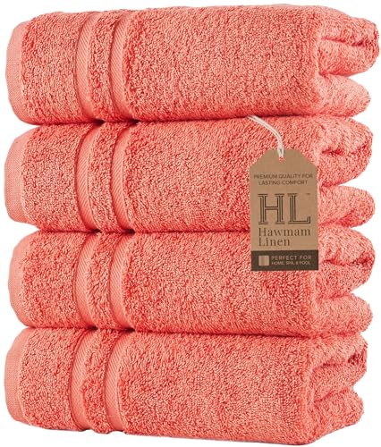 Hawmam Linen Coral Orange Hand Towels 4 Pack Turkish Cotton Premium Quality Soft and Absorbent Small Towels for Bathroom - color: Coral, size: 16 in x 29 in Hand Towel 4 Pack