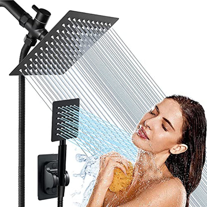Black Shower Head and Handle Set All Metal, 8'' High Pressure Rain 2 in 1 Showerhead with Handheld Spray Combo with 78" Hose Stainless Steel, Adhesive Showerhead Holder, WOSAISIUS