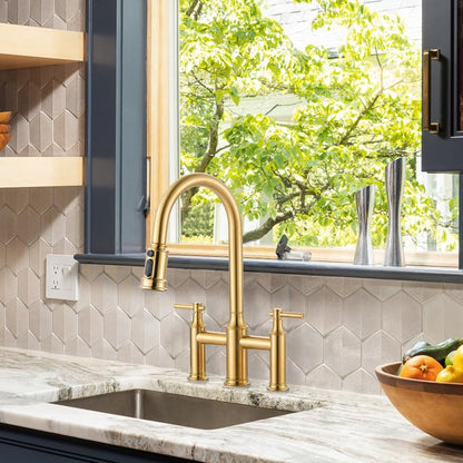 Bridge Kitchen Faucet Brushed Gold: 3 Holes Brass Bridge Faucet with Pull Down Sprayer - Two Handles 8 Inch Centerset Kitchen Sink Faucet, 360° Swivel Spout - color: Brushed Gold