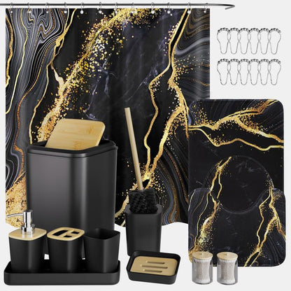 XLHOMO Bathroom Set Bathroom Sets with Shower Curtain and Rugs,Black Bathroom Accessories Set Waterproof Black and Gold Shower Curtain Set - size: Bath Set+Shower Curtain+Bath Rugs, style: Black7