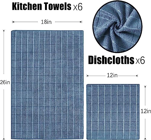 Puomue Microfiber Kitchen Towels and Dishcloths Set, 26 X 18 Inch and 12 X 12 Inch, Set of 12 Bulk Lint Free Dish Towels for Drying Dishes, Blue - color: Blue