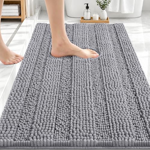OLANLY Thick Bathroom Rugs 30x20, Soft Chenille Striped Bath Rugs, Grey | Rubber Backing, Machine Wash, Extra Absorbent Bath Mats for Bathroom Floor, Tub and Shower, Home Decor Accessories - color: Grey, size: 30" X 20"
