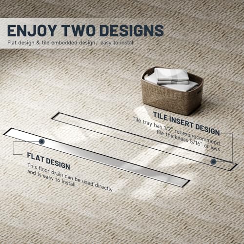 Linear Shower Drain 32 Inch Shower Trench Drain with Tile Insert Grate | Evolvegoods 304 Stainless Steel Bathroom Floor Drain,Rectangular Shower Drain with Leveling Feet,Hair Strainer,Brushed Nickel - size: 32 Inches