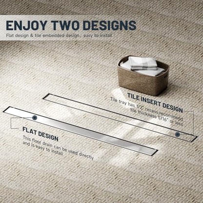 Linear Shower Drain 32 Inch Shower Trench Drain with Tile Insert Grate | Evolvegoods 304 Stainless Steel Bathroom Floor Drain,Rectangular Shower Drain with Leveling Feet,Hair Strainer,Brushed Nickel - size: 32 Inches