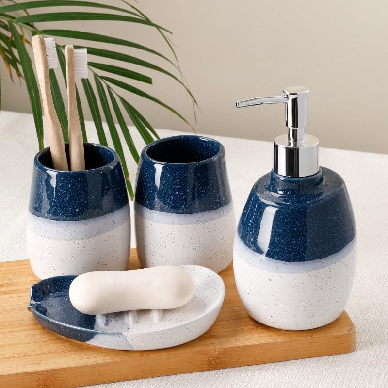 Ceramic Bathroom Accessories Set of 4 Gradient White and Blue Washing Set | Includes 2 Gargle Cups, 1 Soap Dish, 1 Lotion Dispenser, Ideal For Home Decor And Gift