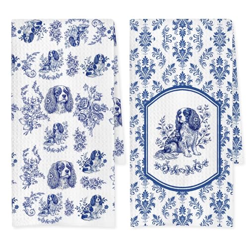 Cavalier King Charles Spaniel Kitchen Towels Set of 2, Blue Toile Dog Floral Decor, Grandmillennial Dish & Hand Towels, Dog Lover Gifts for Women, 16x24 Inch - color: Cavalier King