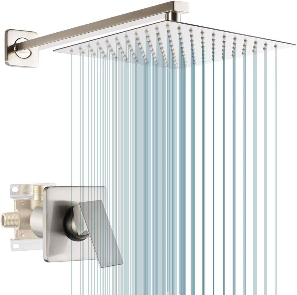 Shower Faucet Set Brushed Nickel Bathroom Rainfall 10 Inch Shower Head System Single Handle Shower Trim Kit with Valve - color: Brushed Nickel, size: 10 Inch (Wall Mount)