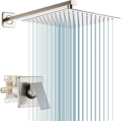 Shower Faucet Set Brushed Nickel Bathroom Rainfall 10 Inch Shower Head System Single Handle Shower Trim Kit with Valve - color: Brushed Nickel, size: 10 Inch (Wall Mount)