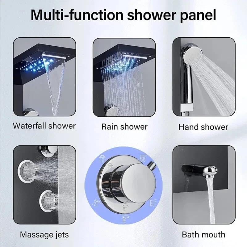 FUZ Matte Black Shower Panel Tower with LED Waterfall Rain Shower Head Digital Temperature Display 4 Body 99D-LFT8011andheld Shower Wand Tub Spout Multi Function Shower System for Bathroom