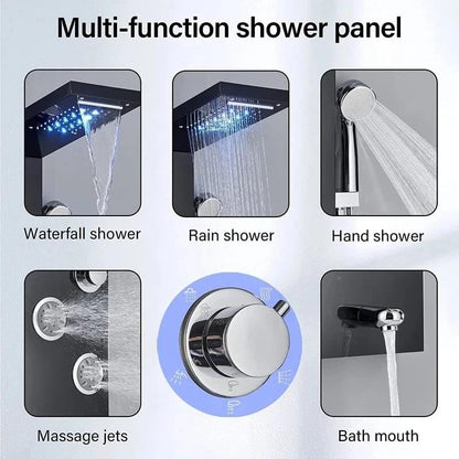 FUZ Matte Black Shower Panel Tower with LED Waterfall Rain Shower Head Digital Temperature Display 4 Body 99D-LFT8011andheld Shower Wand Tub Spout Multi Function Shower System for Bathroom