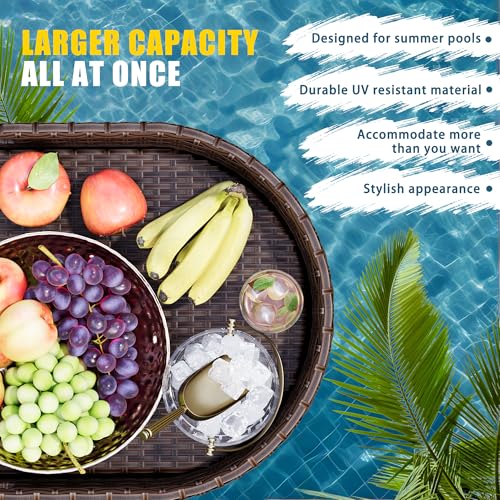 Devoko Pool Floating Tray 38”x20” Wicker Swimming Pool Drink Holders, Brown | Large Oval Portable Serving Tray with Handles Wicker Swimming Pool Bar Accessories Floating Table for Adults, Spas, Parties - color: Brown