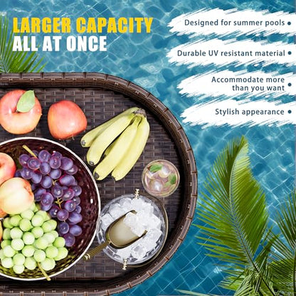 Devoko Pool Floating Tray 38”x20” Wicker Swimming Pool Drink Holders, Brown | Large Oval Portable Serving Tray with Handles Wicker Swimming Pool Bar Accessories Floating Table for Adults, Spas, Parties - color: Brown
