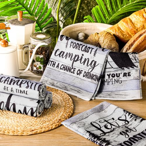 Boyiee Set of 6 Camping Kitchen Towels Happy Camper Tea Towels | Absorbent Farmhouse Dish Towels with Funny Sayings 24 x 16 Inches Camping Hand Towels for Rv Campers Lovers Gifts Accessories - color: Rustic