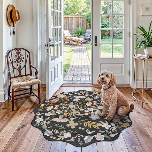 Washable Scalloped 4ft Round Rug: 4x4 Boho Floral Circle Area Rug Black | Non-Slip Stain Resistant Area Rugs for Kitchen Living Room Bedroom – Soft Thin Modern Small Round Carpet for Home Decor - color: Black, size: 4' (Round)