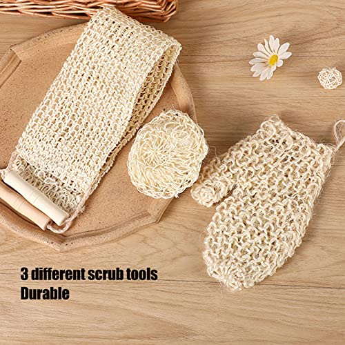 3Pcs Exfoliating Loofah Back Scrubber, Long Body Washcloth Towel Sisal Glove Deep Clean Shower Loofah Set for Home Travel Bathroom