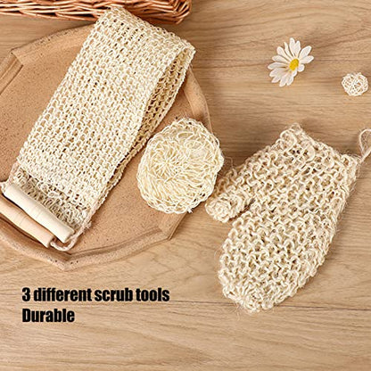 3Pcs Exfoliating Loofah Back Scrubber, Long Body Washcloth Towel Sisal Glove Deep Clean Shower Loofah Set for Home Travel Bathroom