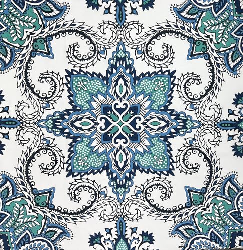 Boho Shower Curtain, Navy Teal White Mandala Floral Design, Fabric, 72 x 72 inches, Stain-Resistant, Paisley Pattern, with Hooks - color: Blue