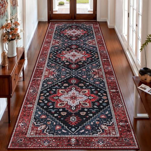 Ciicool 3x8ft Runner Non Slip Rug, Washable Runners Rug Non Shedding Pet Friendly Indoor Floor Long Carpet Hallway for Bathroom Kitchen Living Room Bedside - color: Dark Blue/Red, size: 3' x 8' (Runner)