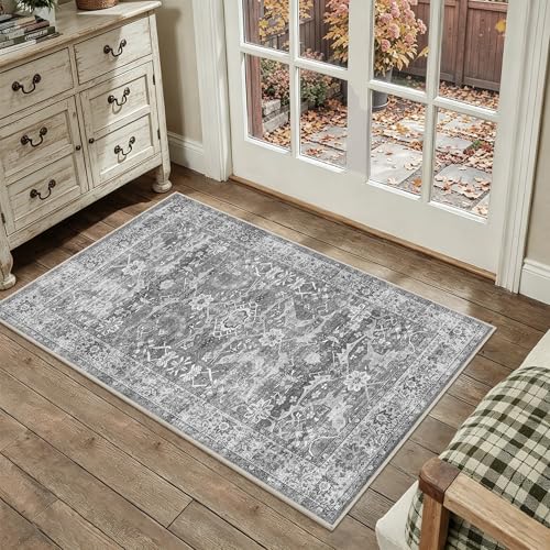2x3 Entryway Rug Grey Washable Vintage Rugs for Entryway Kitchen | Low Pile Non-Slip Door Mat Traditional Distressed Small Throw Rugs for Kitchen Entrance Bathroom - color: Grey, size: 2'*3'(Rectangular)