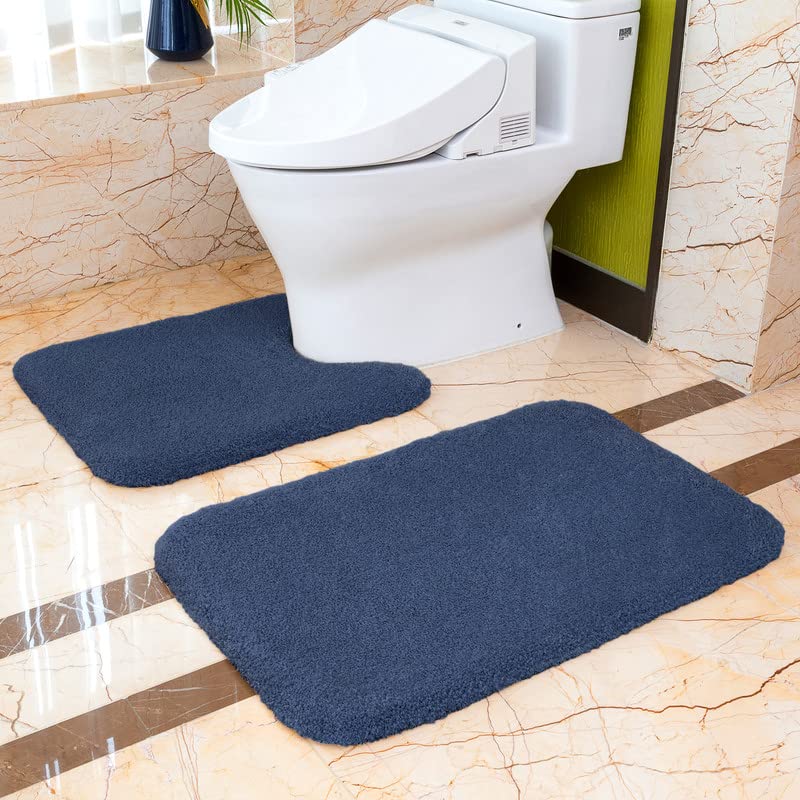 VANZAVANZU Bathroom Rug Set - U Shaped Toilet Rug & Cover, Non Slip, Extra Soft Absorbant Microfiber (20"x24" U Plus 20"x32", Navy Blue) - color: Navy Blue, size: 20"x32" Plus 20"x24" U