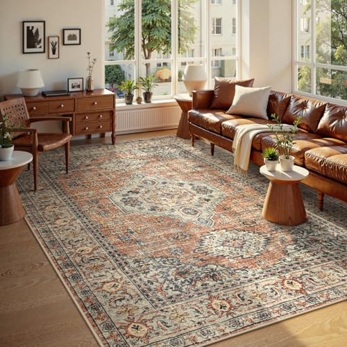 Lahome Oriental Washable Rugs 8x10, Non-Slip Soft 8x10 Rugs for Living Room Bedroom, Stain Resistant Ultra-Thin Vintage Accent Carpet for Dining Room Office Eleanor, Peach/Orange - color: Terracotta, size: 8' x 10' (Rectangular)